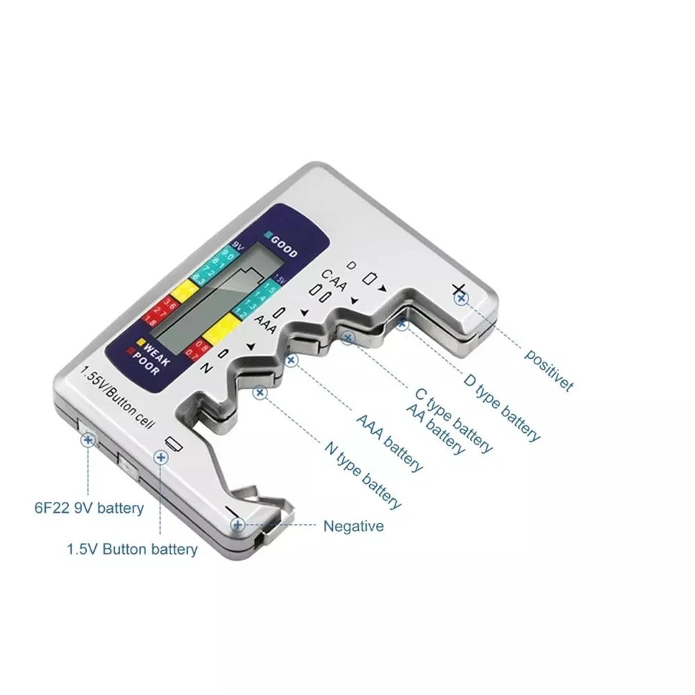 Digital Battery Capacity Tester with LCD Display for AA, AAA, 9V, and 1.5V Coin Cell Batteries - Load Analyzer and Diagnostic Tool