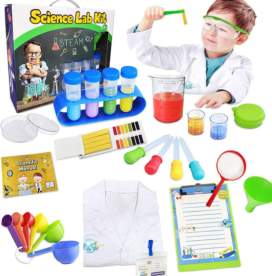 Kids Science Kit Lab Coat Chemistry Experiments Set for 3 4 5 6 7 8 9 10 11 Years Old Boys Girls Toys Gift Scientist Costume Pretend Role Play STEM DIY Educational Learning Scientific Tools