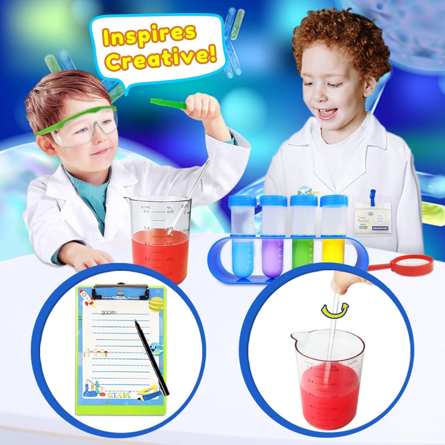 Kids Science Kit Lab Coat Chemistry Experiments Set for 3 4 5 6 7 8 9 10 11 Years Old Boys Girls Toys Gift Scientist Costume Pretend Role Play STEM DIY Educational Learning Scientific Tools