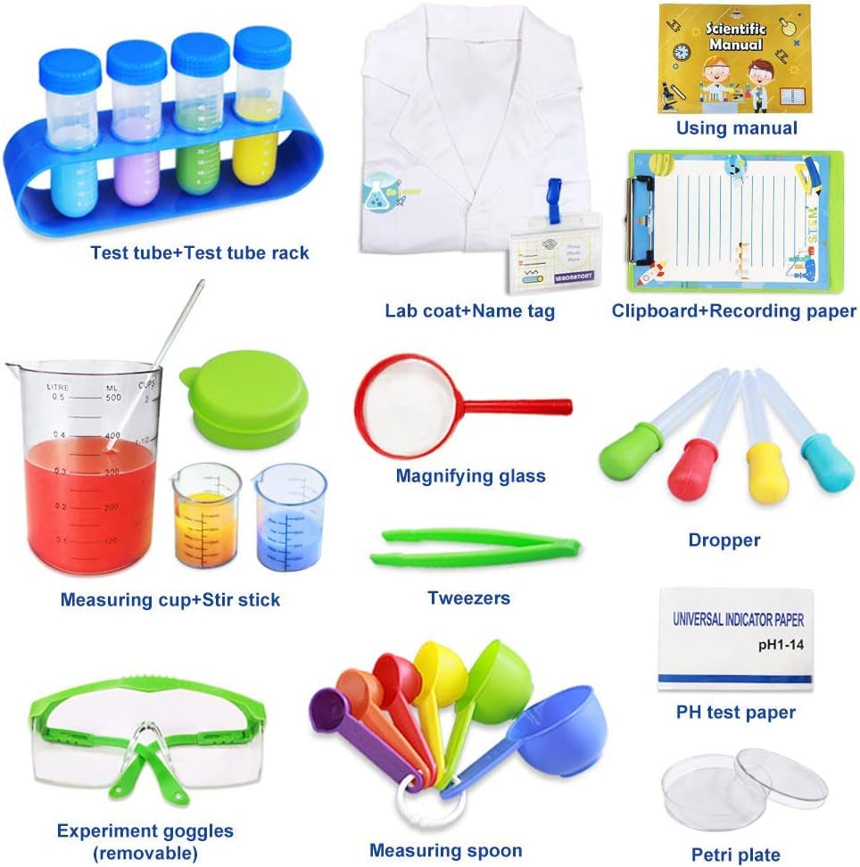 Kids Science Kit Lab Coat Chemistry Experiments Set for 3 4 5 6 7 8 9 10 11 Years Old Boys Girls Toys Gift Scientist Costume Pretend Role Play STEM DIY Educational Learning Scientific Tools